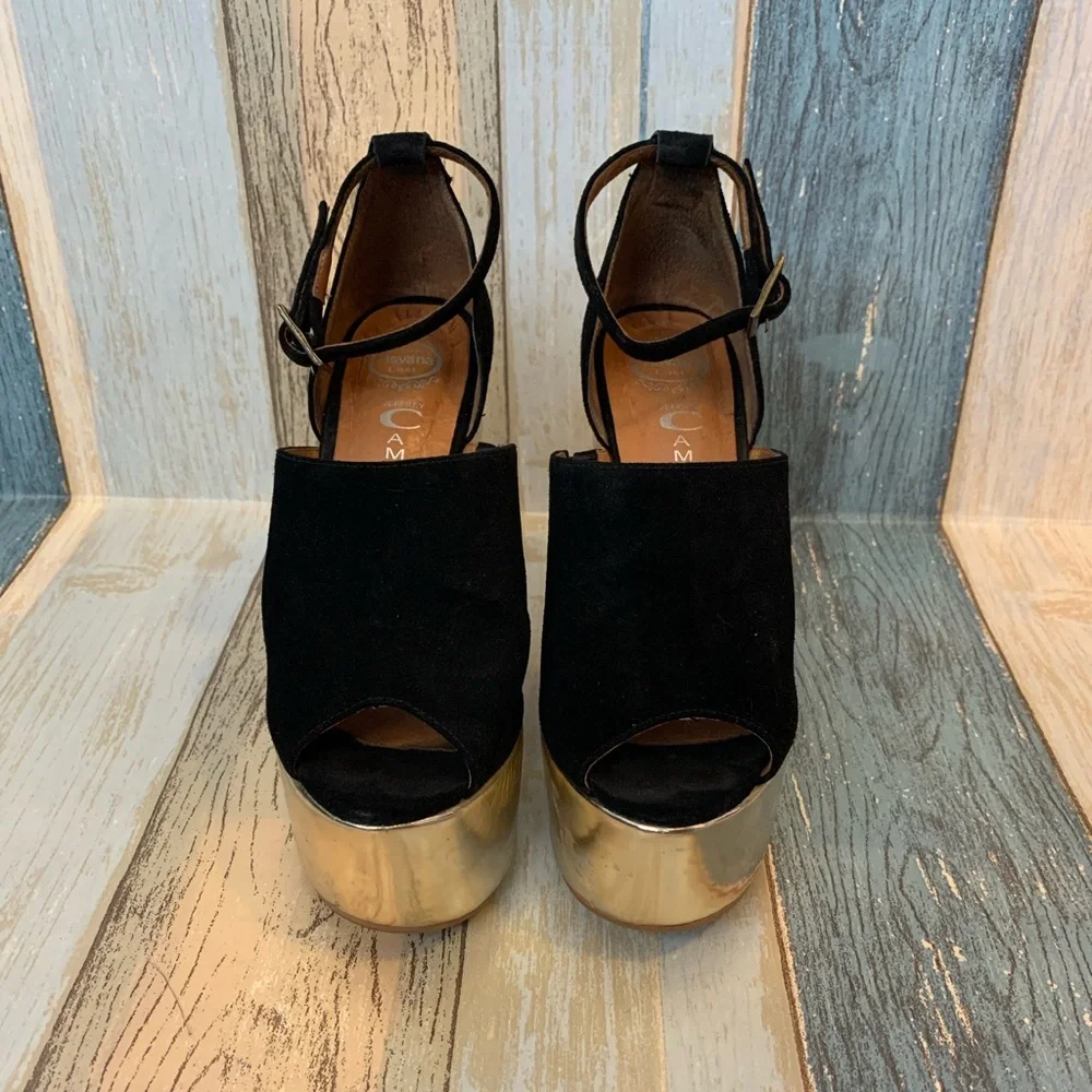 RARE Jeffrey Campbell black & gold platforms